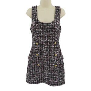 Juniors Small Pink White Black Tweed Sleeveless Dress Scoop Neck Gold Buttons